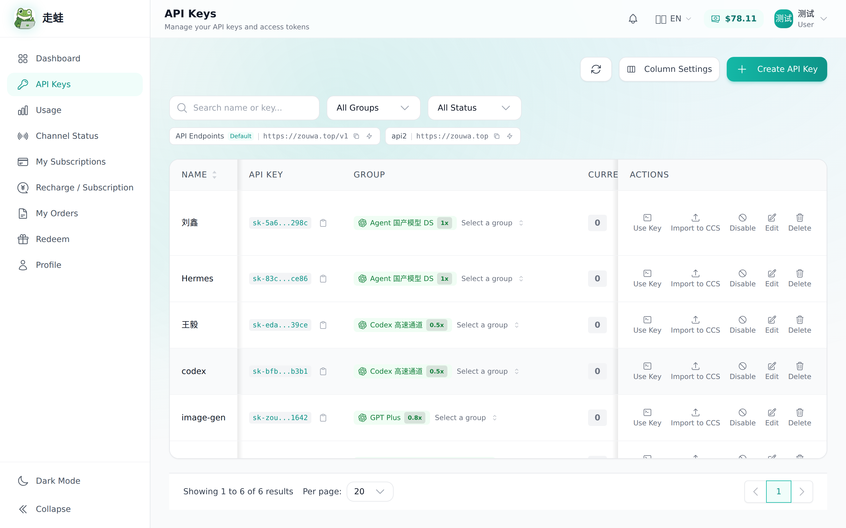 API Keys 管理页面